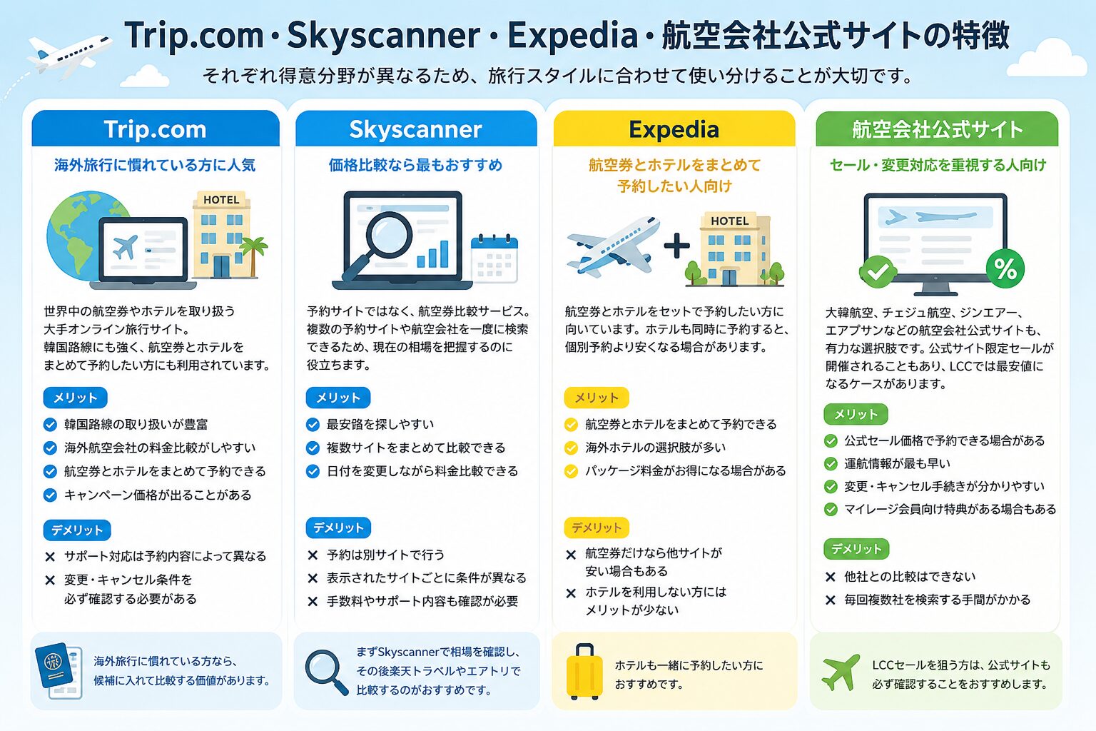Trip.com・Skyscanner・Expedia・航空会社公式サイトの特徴