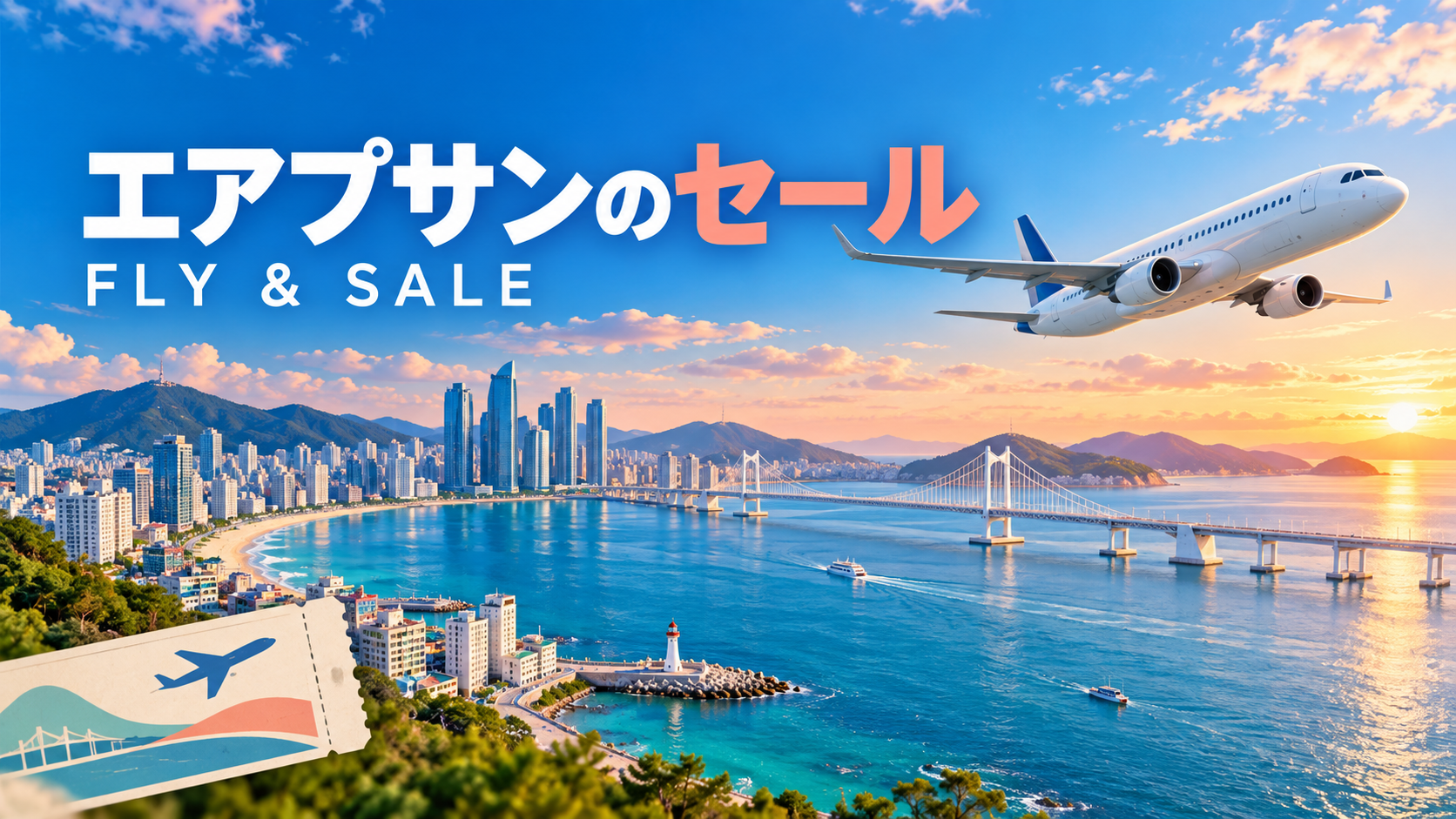 エアプサンのセール「FLY & SALE」を紹介する釜山と飛行機のイラスト
