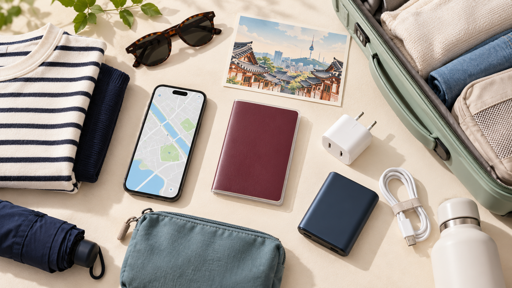韓国旅行の持ち物をイメージしたスマートフォン、変換プラグ、モバイルバッテリーと旅行用品
