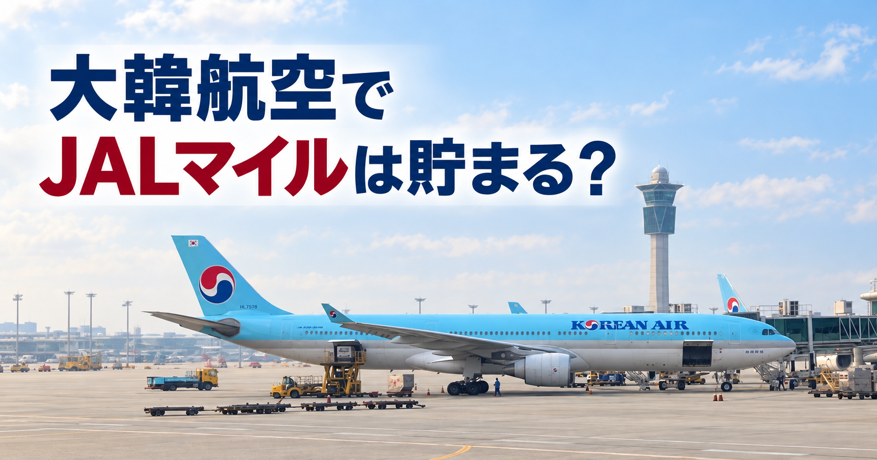 空港に駐機する大韓航空機と「大韓航空でJALマイルは貯まる？」の文字