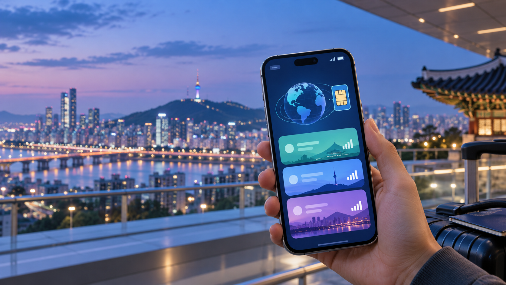 韓国旅行向けSaily eSIMの口コミ・評判を解説するスマートフォンとソウルのイメージ