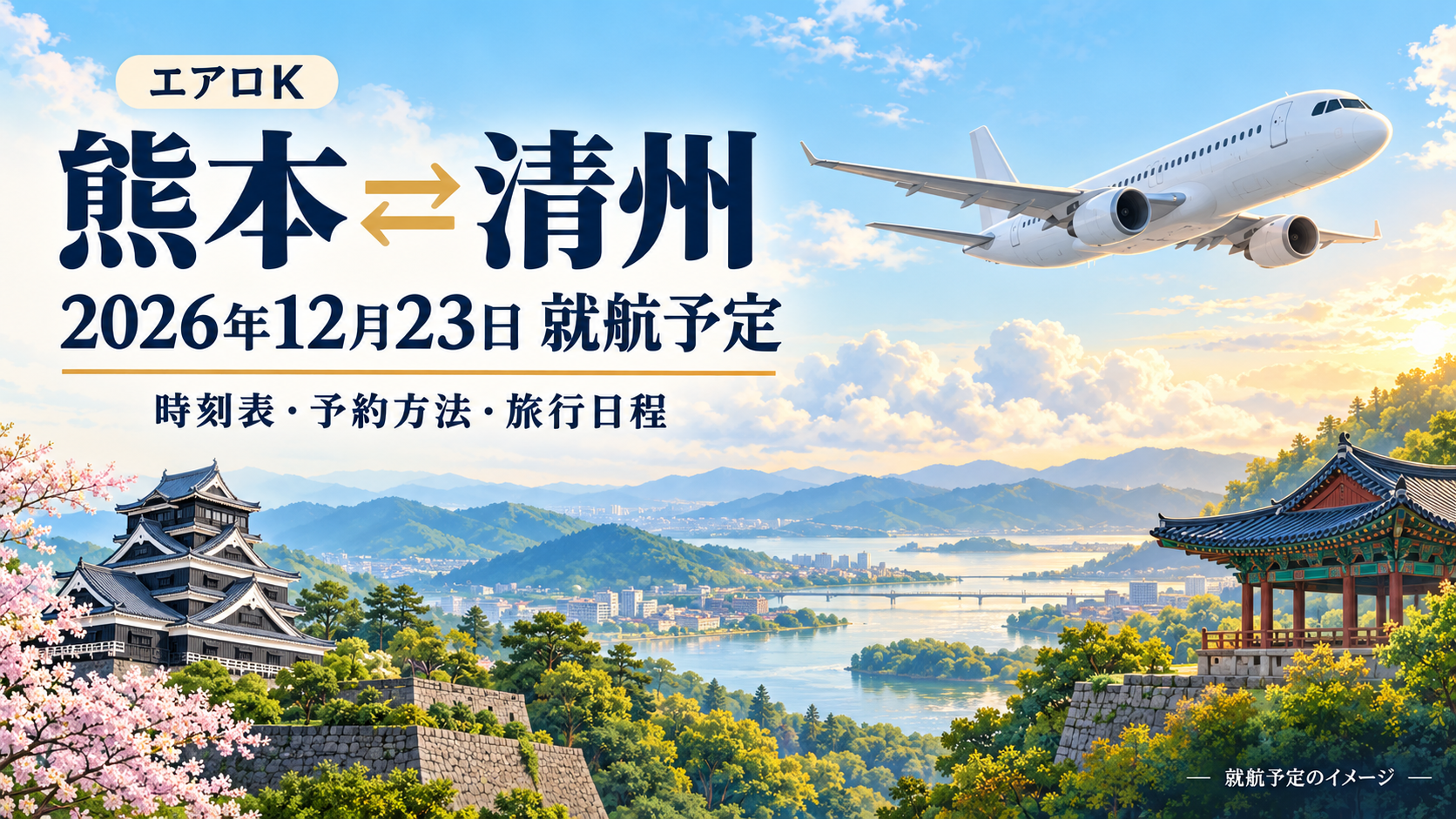 エアロK熊本―清州線の2026年12月23日就航予定を紹介する、旅客機と日韓の風景のイラスト
