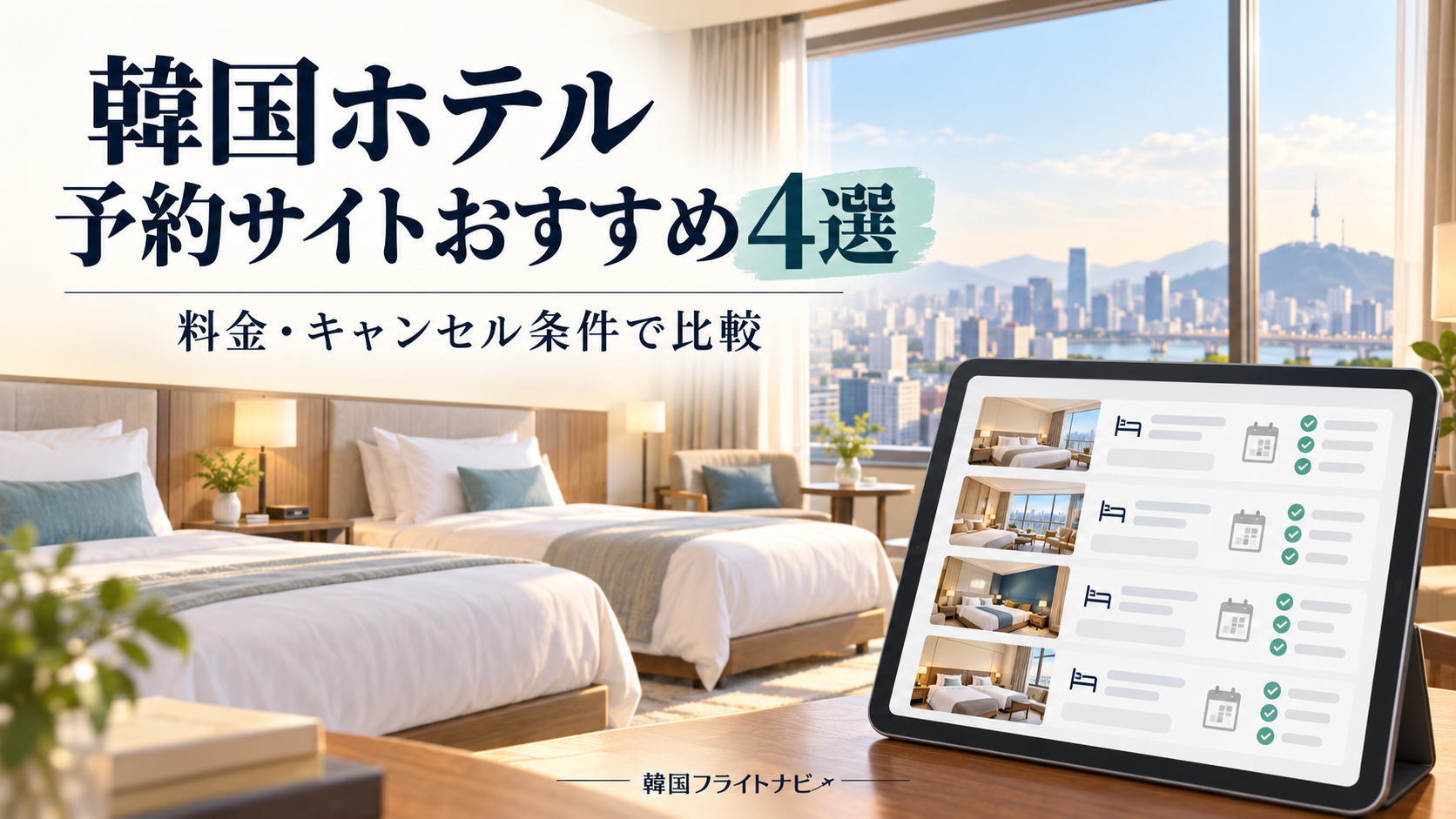 韓国ホテルの予約サイトおすすめ4選を紹介する、ツインルームと予約比較画面のイメージ画像