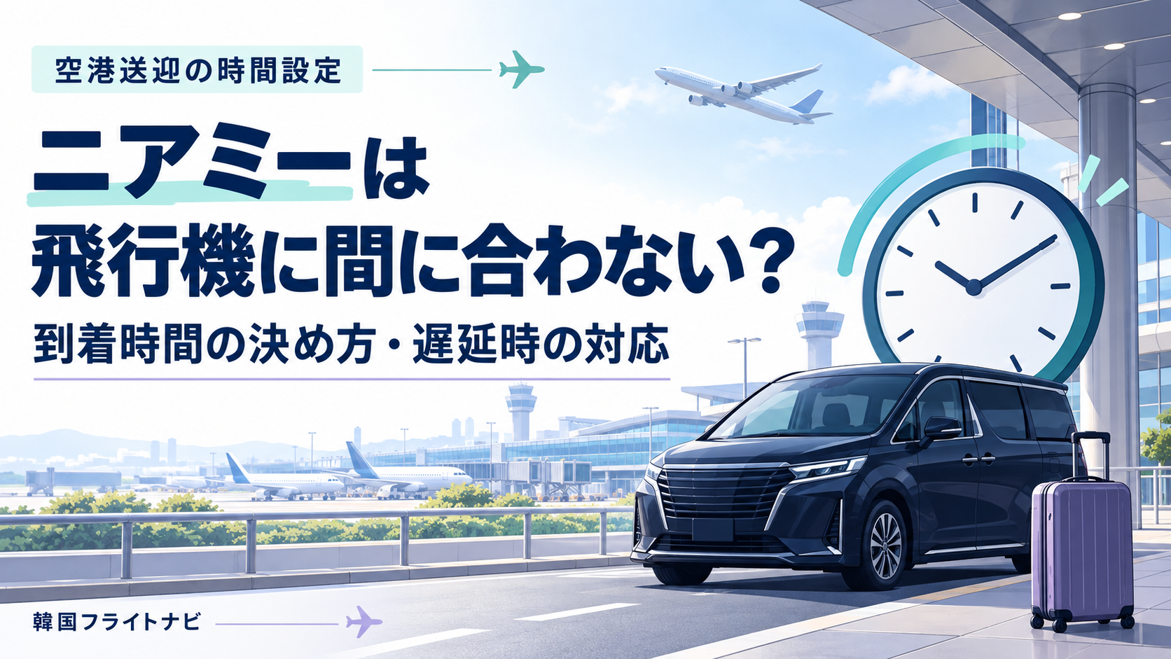 ニアミーの空港到着時間と遅延時の対応を解説する、送迎車・時計・飛行機のイラスト