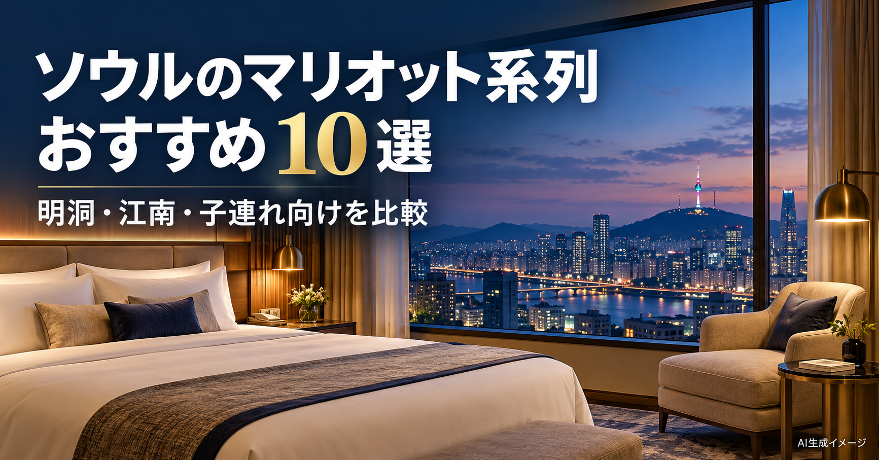 ソウルのマリオット系列おすすめ10選を紹介する、ホテル客室とソウルの夜景のイメージ
